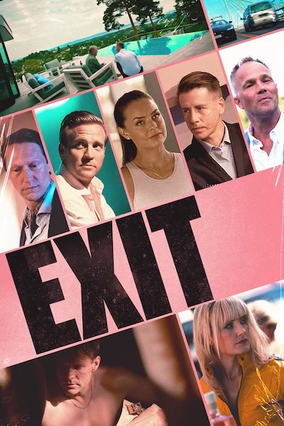 Collageaffisch för thrillern Exit med flera karaktärer i dramatiska närbilder, går att se via IPTV