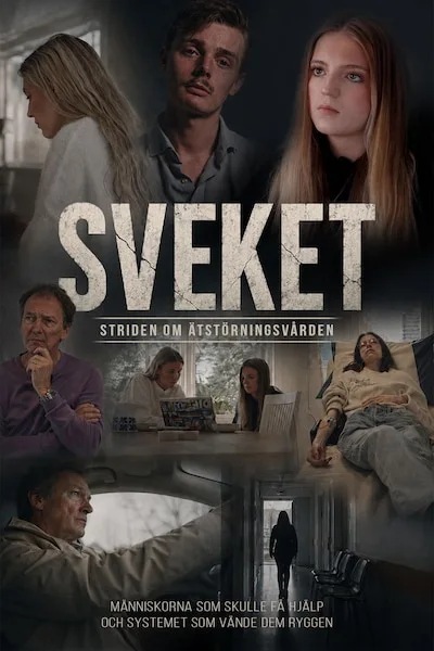 Affisch för dramaserien Sveket med en collagebild av karaktärerna och en stämningsfull, mörk atmosfär, tillgänglig att se via Viking IPTV